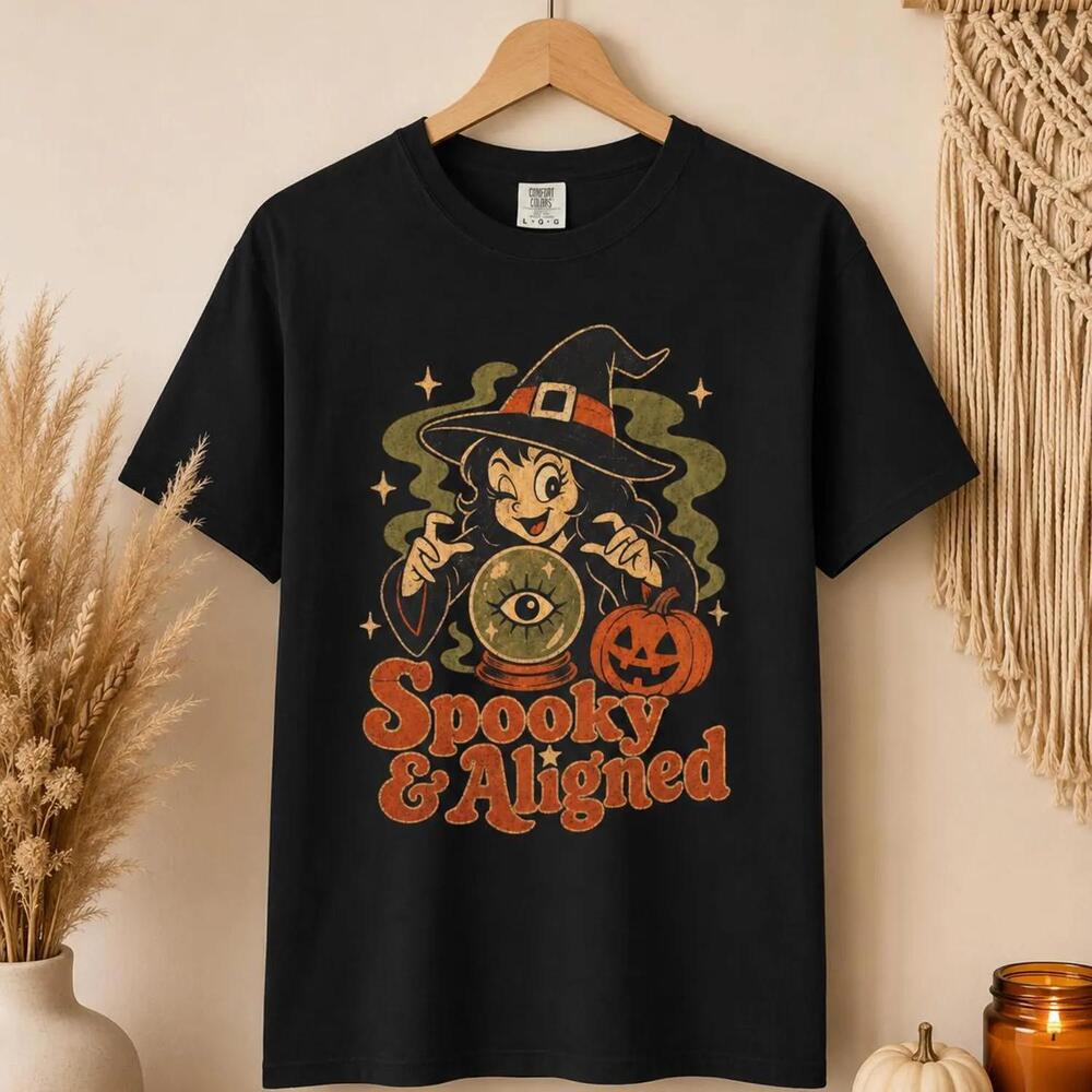 Spooky And Aligned Shirt, Retro Witch Halloween Tee, Witchy Vibes Manifestation